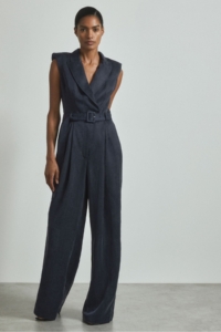 Atelier – Navy Cupro Belted Tux Jumpsuit