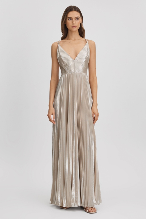 Halston Metallic Pleated Maxi Dress