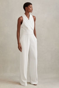 Lainey – White Petite Double Breasted Satin Tux Jumpsuit