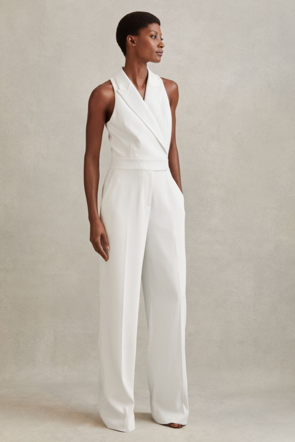 Lainey - White Petite Double Breasted Satin Tux Jumpsuit