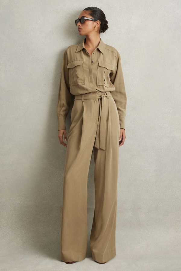 Liliana - Khaki Petite Lyocell Wide Leg Jumpsuit