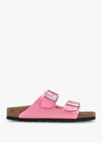 BIRKENSTOCK Arizona Birko-Flor Patent Candy Pink Black Two Bar Mules S