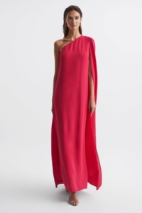 Nina – Bright Pink Cape One Shoulder Maxi Dress