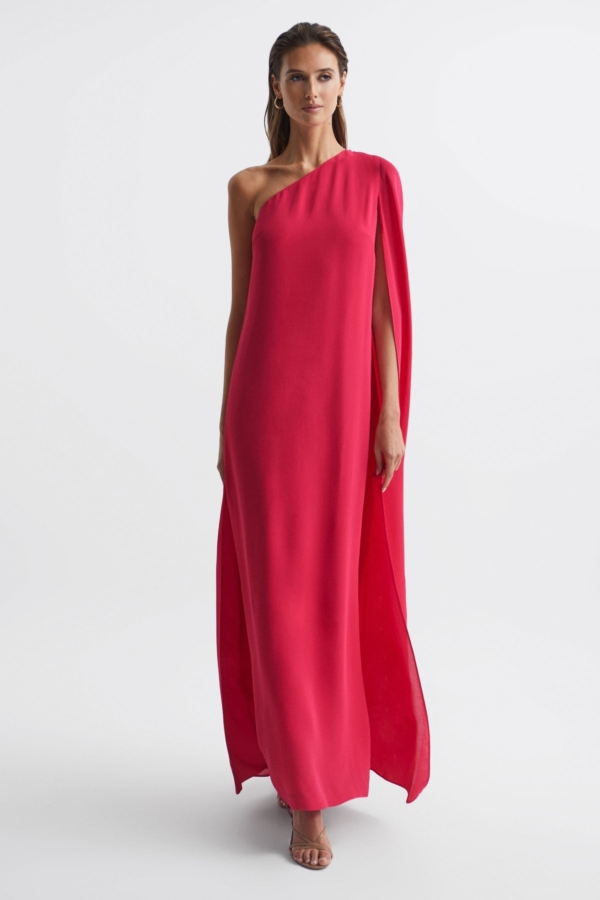 Nina - Bright Pink Cape One Shoulder Maxi Dress