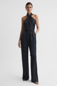 Jules – Midnight Navy Satin Halter Neck Fitted Jumpsuit