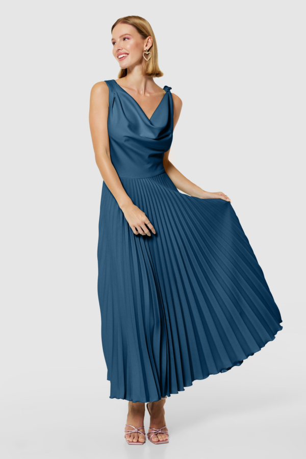 Closet London Navy Pleated Cowl Neck Dress