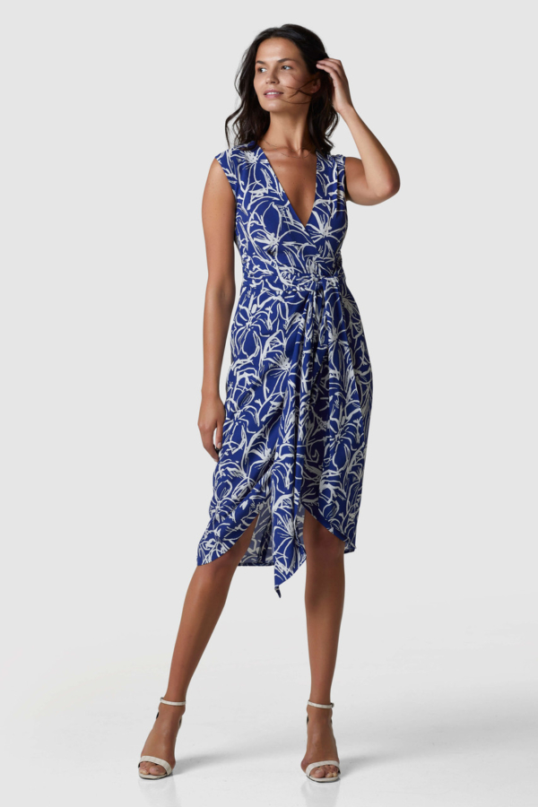 Closet London Navy Blue Floral Print Wrap Tie Waist Dress