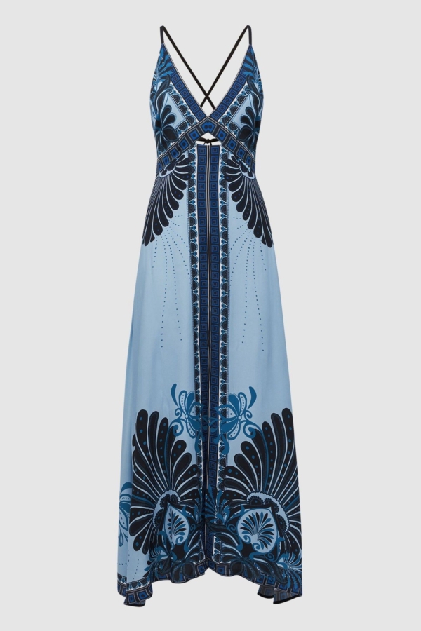 Emerson - Blue Printed V-Neck Maxi Dress