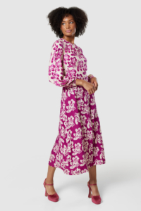 Closet London Magenta Pink Print Gathered Neck Midi Dress