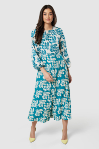 Closet London Teal Blue Print Gathered Neck Midi Dress