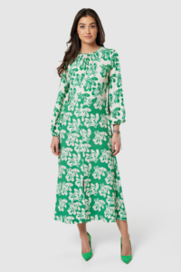 Closet London Green Print Gathered Neck Midi Dress