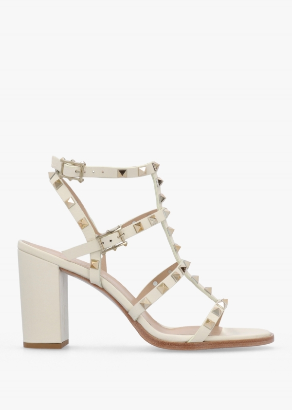 DANIEL Pitter Cream Leather Studded Block Heeled Sandals Colour: Beige