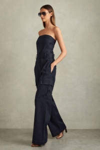 Lois – Navy Strapless Belted Wide Leg Jumpsuit