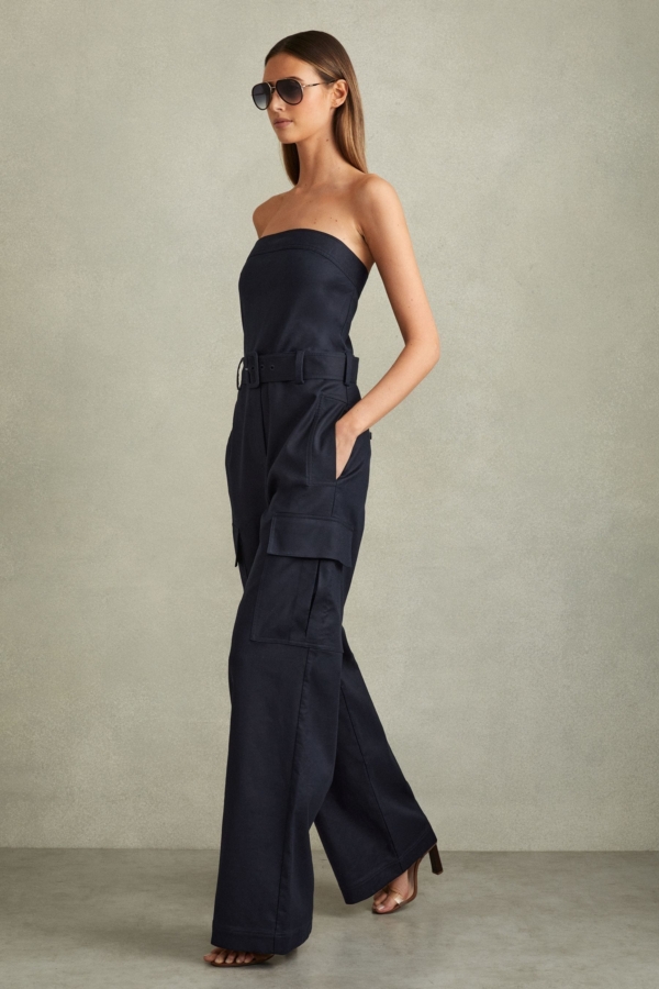 Lois - Navy Strapless Belted Wide Leg Jumpsuit