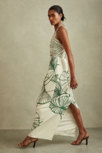 Lexi – White/Green Floral Sketch Halter Neck Maxi Dress