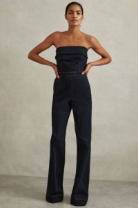 Tiggie – Indigo Petite Denim Strapless Wide Leg Jumpsuit