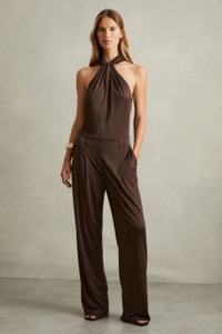 Claudia – Chocolate Claudia Jersey Halter Neck Wide Leg Jumpsuit