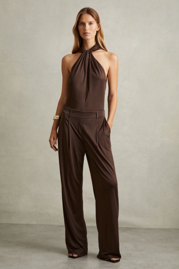 Claudia - Chocolate Claudia Jersey Halter Neck Wide Leg Jumpsuit