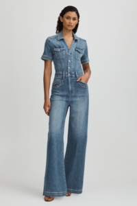 Paige Mid Blue Wide Leg Denim Jumpsuit