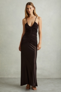 Paula – Chocolate Hybrid Jersey Satin Plunge Maxi Dress