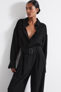 Rochelle – Black Atelier Belted Crepe Jumpsuit