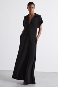 Alexandra – Black Atelier Polo Collar Jersey Maxi Dress