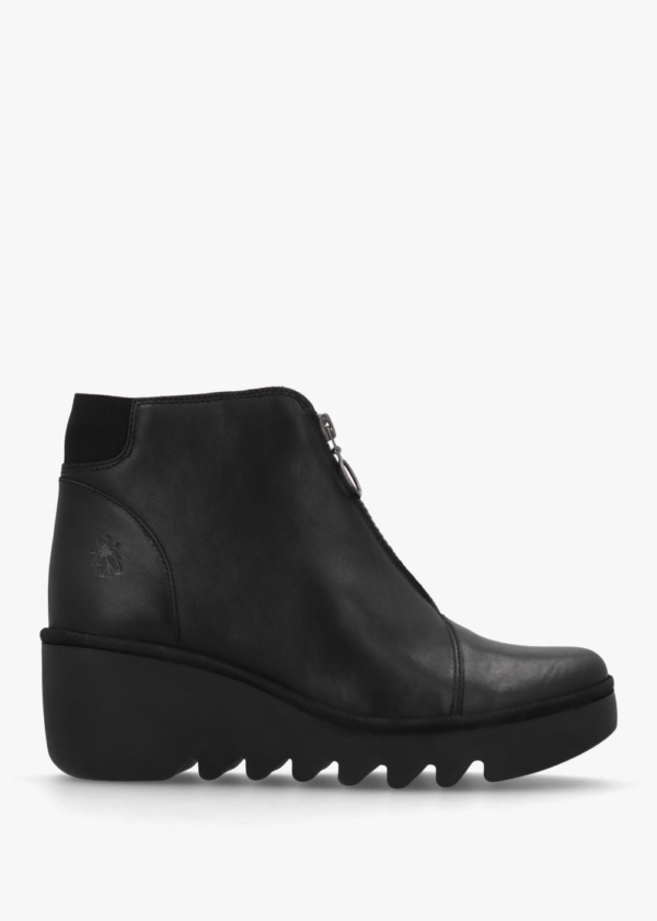 FLY LONDON Baaz Black Leather Front Zip Wedge Ankle Boots Colour: Blac