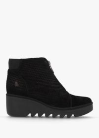 FLY LONDON Baaz Black Reptile Suede Front Zip Wedge Ankle Boots Size: