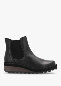 FLY LONDON Huud Black Leather Low Wedge Chelsea Boots Colour: Black Le