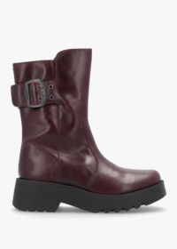 FLY LONDON Mazz Wine Leather Chunky Calf Boots Size: 41, Colour: Burgu