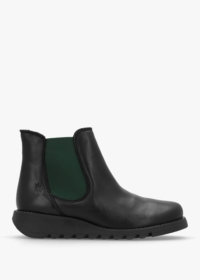 FLY LONDON Salv Black & Green Leather Wedge Chelsea Boots Size: 41, Co