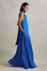 Dina – Cobalt Blue Tie Neck Column Maxi Dress