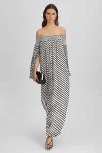 Fabia – Black/Cream Striped Bardot Maxi Dress