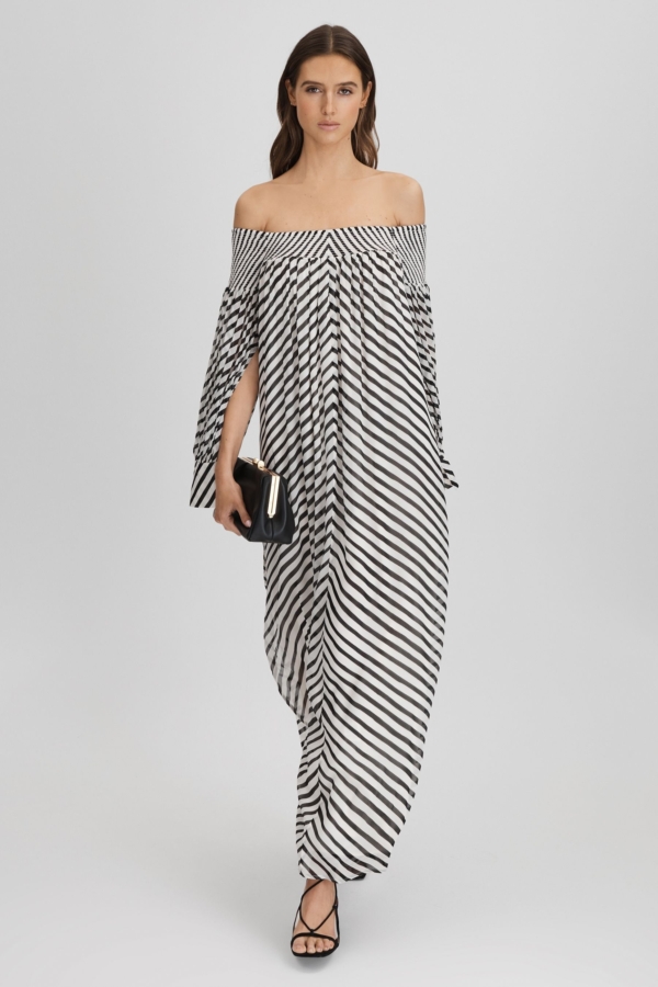 Fabia - Black/Cream Striped Bardot Maxi Dress