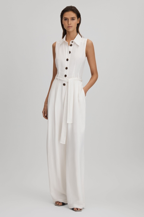 Perla - White Belted Wide Leg Jumpsuit