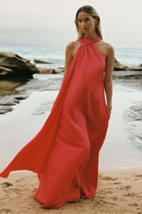 Odell – Coral Linen Blend Drape Maxi Dress