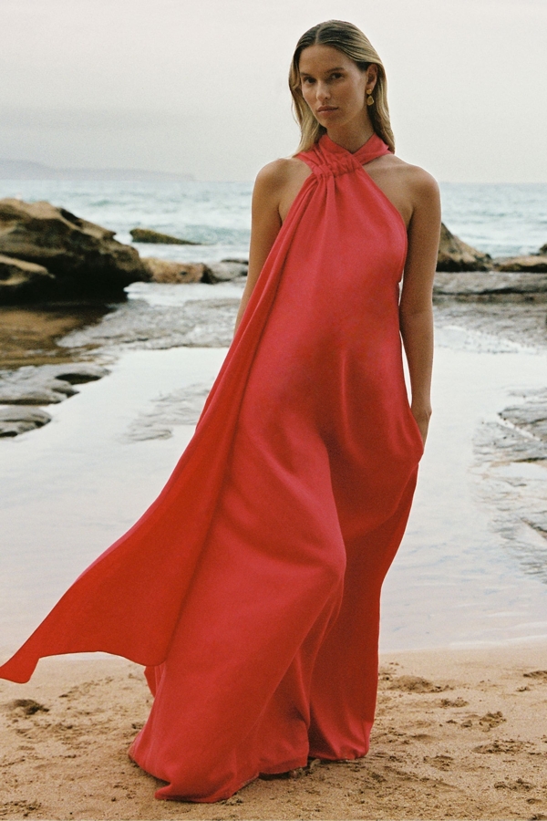 Odell - Coral Linen Blend Drape Maxi Dress