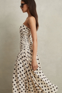 Rue – White/Black Viscose Linen Polka Dot Ruched Maxi Dress