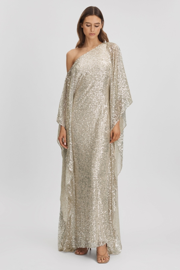 Halston Sequin Off-The-Shoulder Maxi Dress