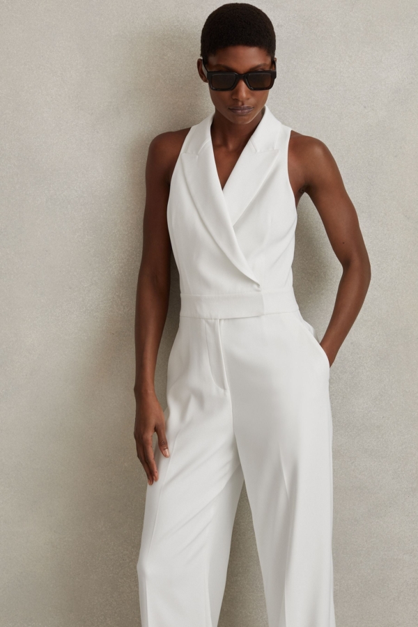 Lainey - White Double Breasted Satin Tux Jumpsuit