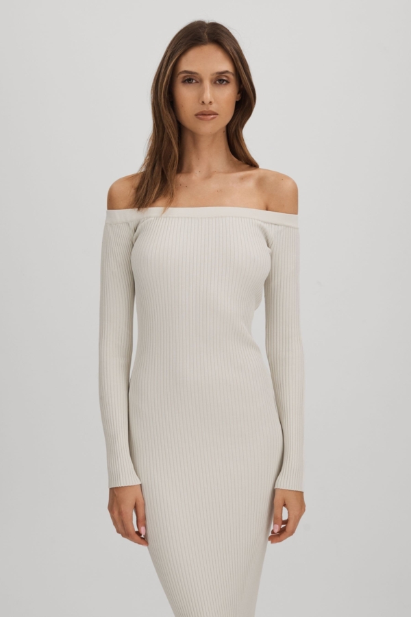 Good Cloud White Good Ribbed Off The Shoulder Maxi Dress