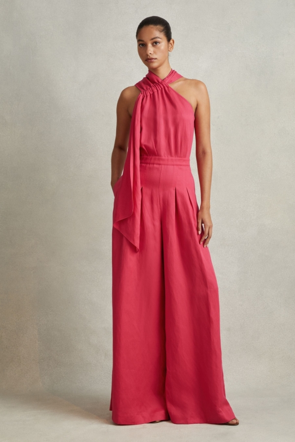 Selena - Coral Petite Linen Blend Drape Jumpsuit