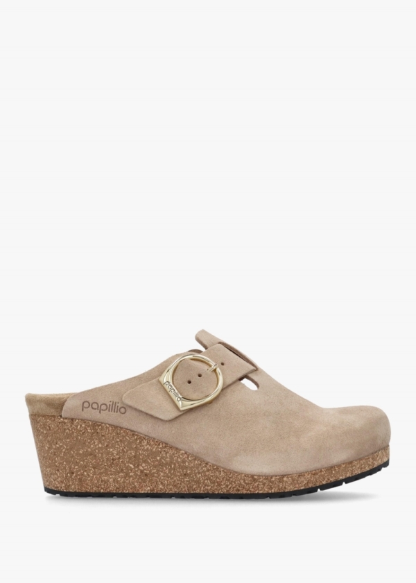 PAPILLIO Fanny Ring Buckle Warm Sand Suede Wedge Mules Colour: Beige S