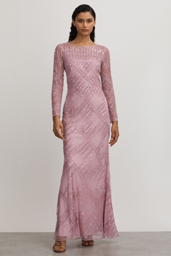 Raishma Pink Embellished Mesh Sheer Sleeve Maxi Dress