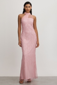 Raishma Pink Embellished Halter Neck Maxi Dress