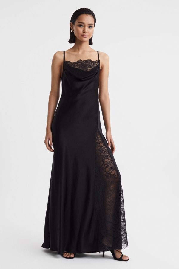 Anna Quan Satin Lace Cowl Neck Maxi Dress