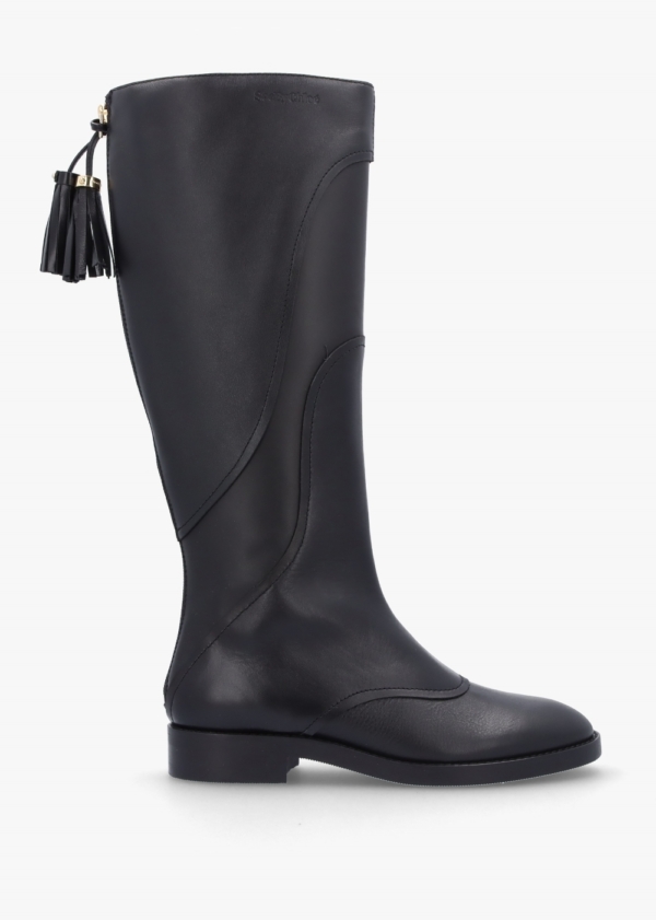 SEE BY CHLOE Tassel Patchwork Black Leather Knee Boots Colour: Black L