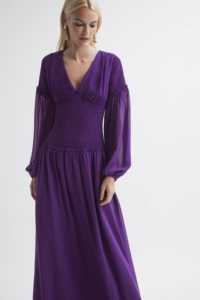 Florere – Plunge Neck Shirred Maxi Dress, Dark Purple