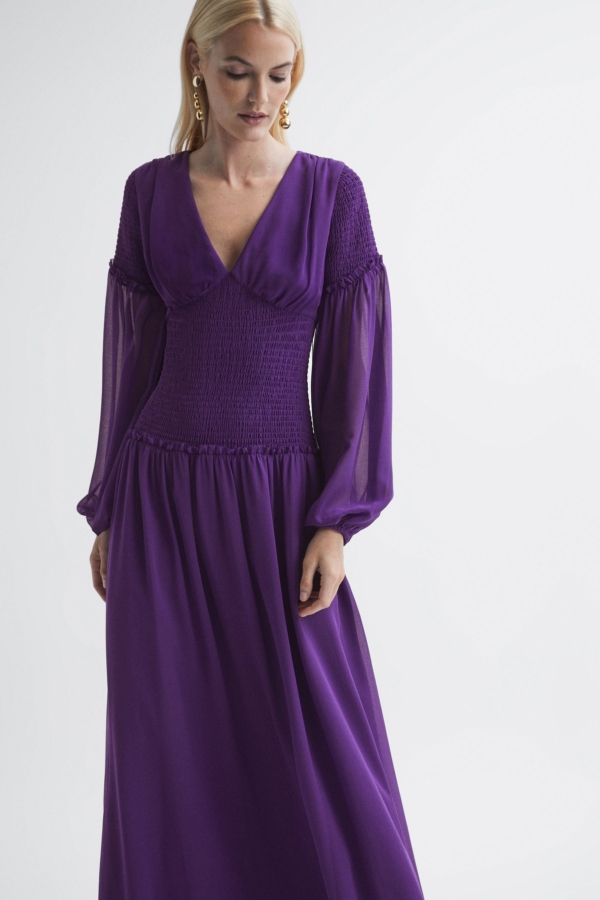 Florere - Plunge Neck Shirred Maxi Dress