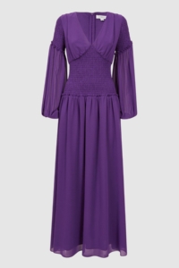 Florere – Plunge Neck Shirred Maxi Dress, Dark Purple